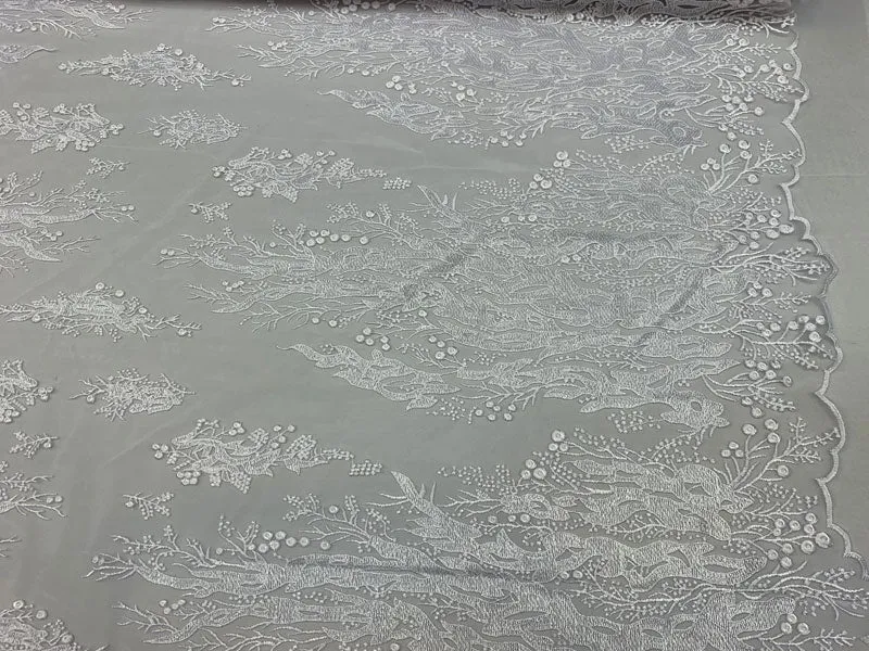 Fashion Dress Fire Design Floral Hand Beaded Mesh Lace Fabric By The Yard