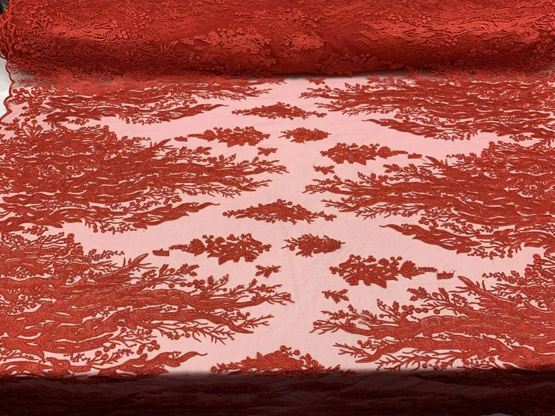 Fashion Dress Fire Design Floral Hand Beaded Mesh Lace Fabric By The Yard