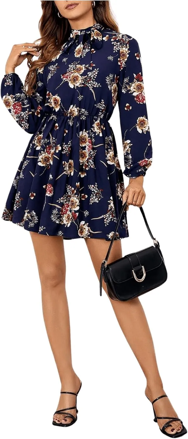 Floerns Women's Mock Neck Long Sleeve Floral Print Ruffle Short Dress