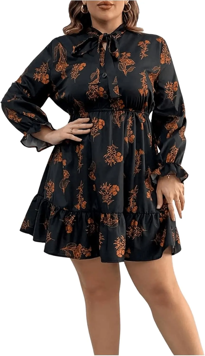 Floerns Women's Mock Neck Long Sleeve Floral Print Ruffle Short Dress
