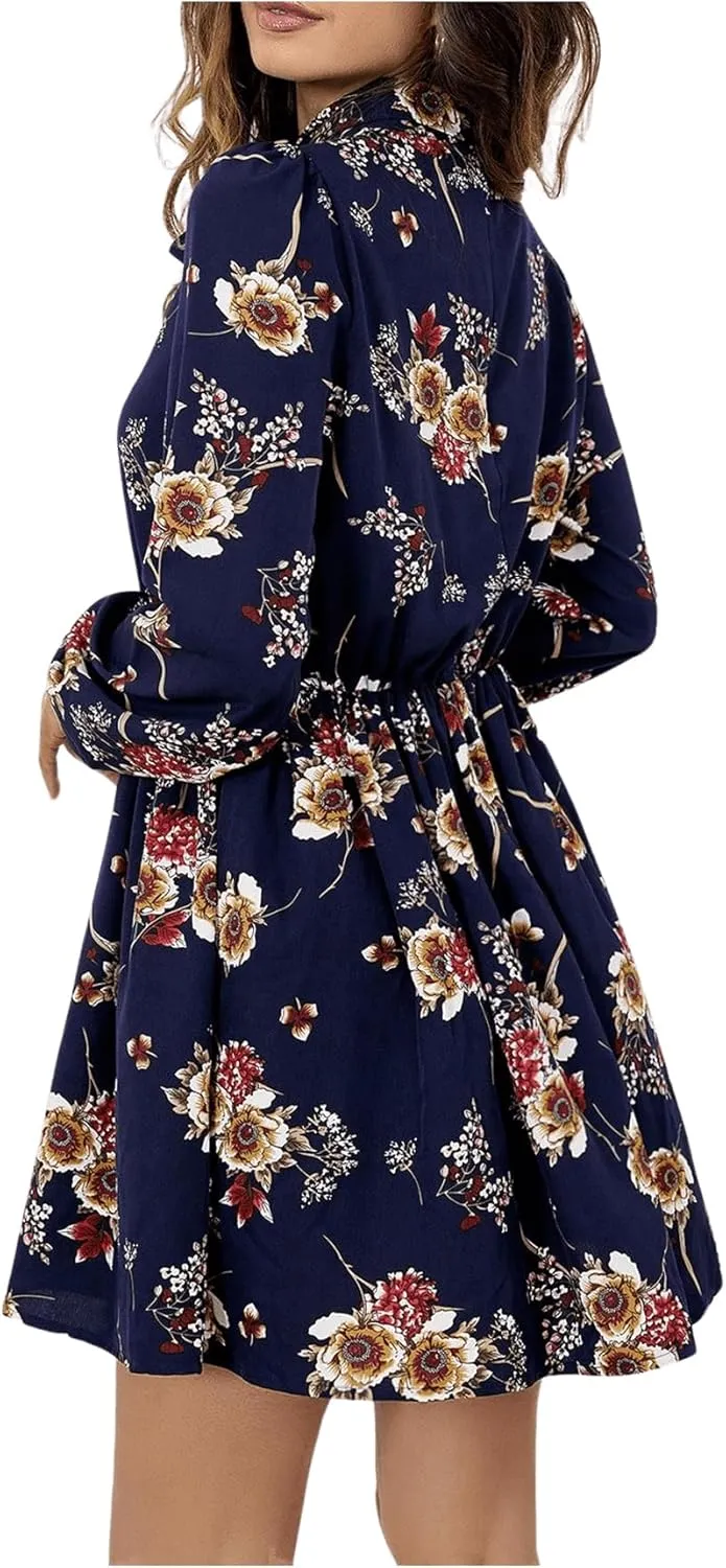 Floerns Women's Mock Neck Long Sleeve Floral Print Ruffle Short Dress