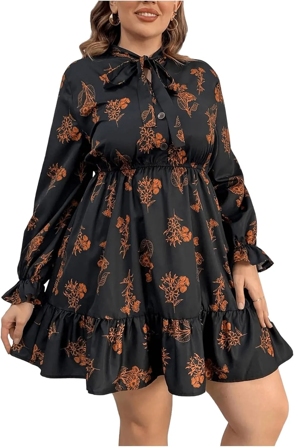 Floerns Women's Mock Neck Long Sleeve Floral Print Ruffle Short Dress