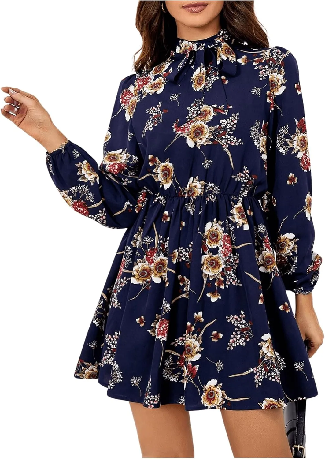 Floerns Women's Mock Neck Long Sleeve Floral Print Ruffle Short Dress