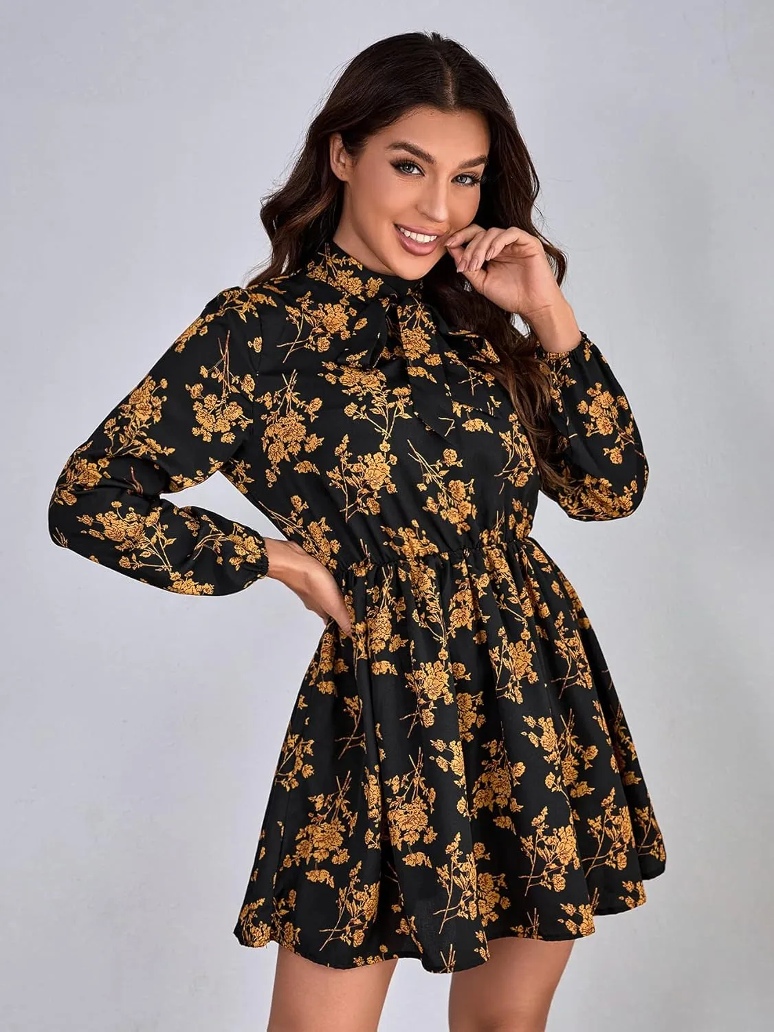 Floerns Women's Mock Neck Long Sleeve Floral Print Ruffle Short Dress