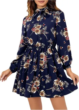Floerns Women's Mock Neck Long Sleeve Floral Print Ruffle Short Dress