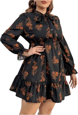 Floerns Women's Mock Neck Long Sleeve Floral Print Ruffle Short Dress