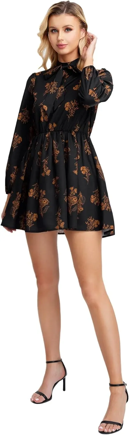 Floerns Women's Mock Neck Long Sleeve Floral Print Ruffle Short Dress