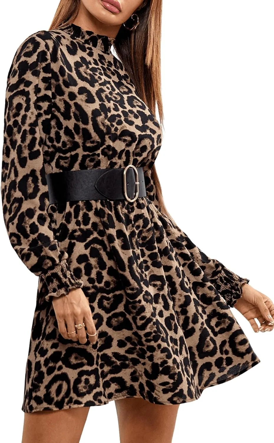 Floerns Women's Mock Neck Long Sleeve Floral Print Ruffle Short Dress