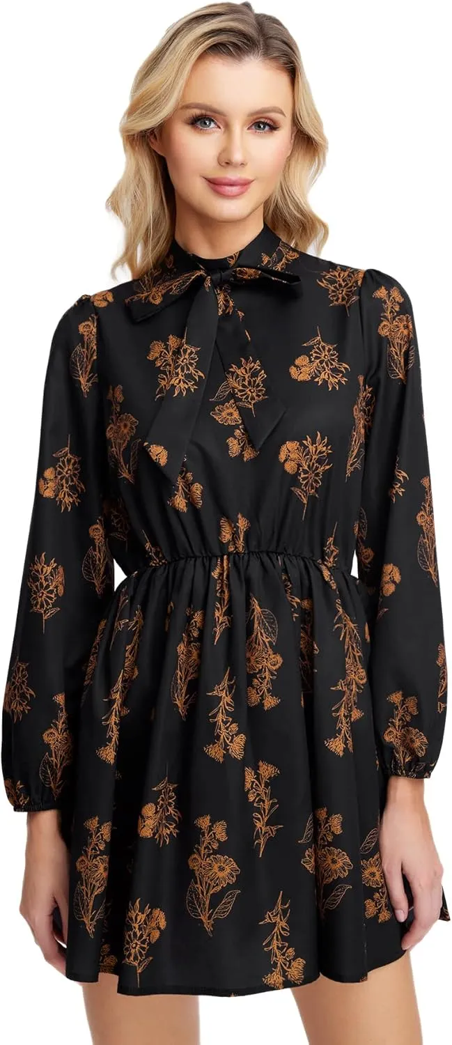 Floerns Women's Mock Neck Long Sleeve Floral Print Ruffle Short Dress