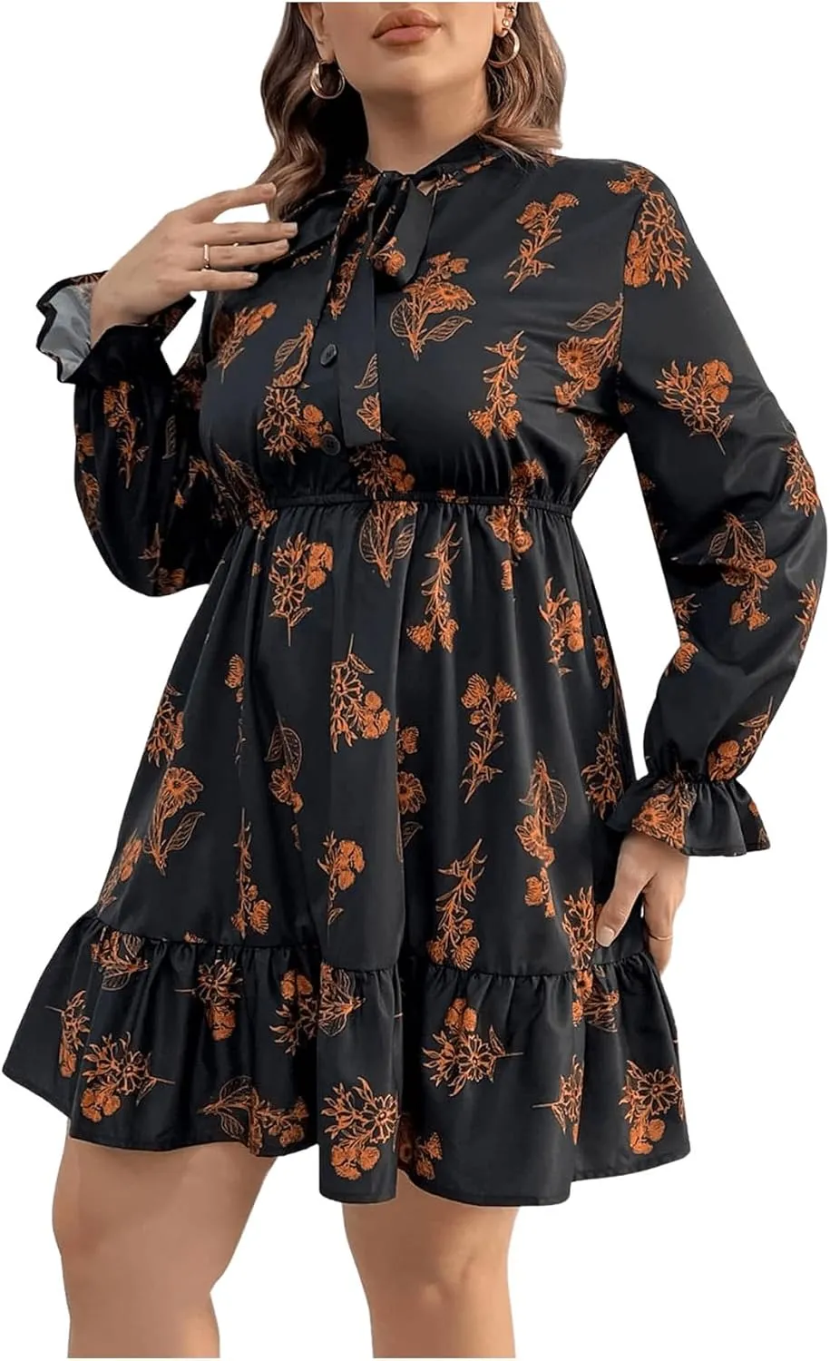 Floerns Women's Mock Neck Long Sleeve Floral Print Ruffle Short Dress