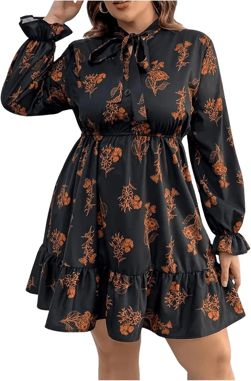 Floerns Women's Mock Neck Long Sleeve Floral Print Ruffle Short Dress