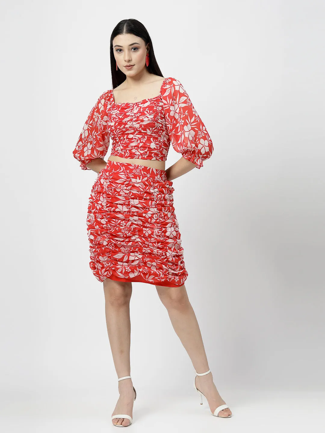 Floral Delight Sweetheart Neck Top & Rushing Skirt Set