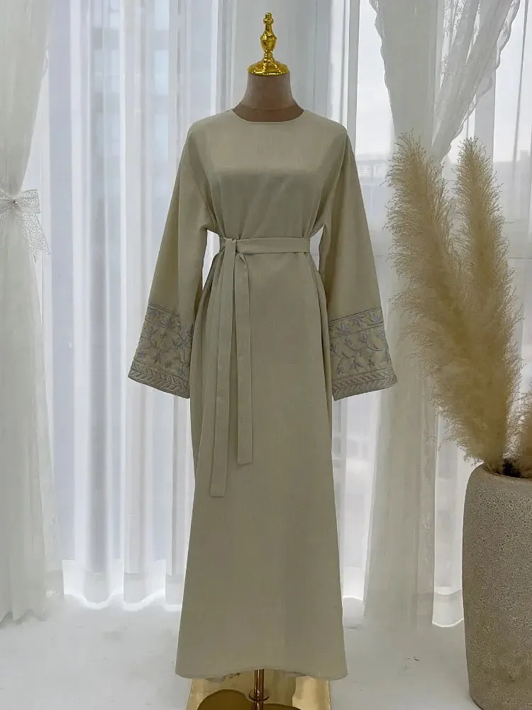 Floral Embroidery Muslim Abaya - Lace-Up Eid Dress