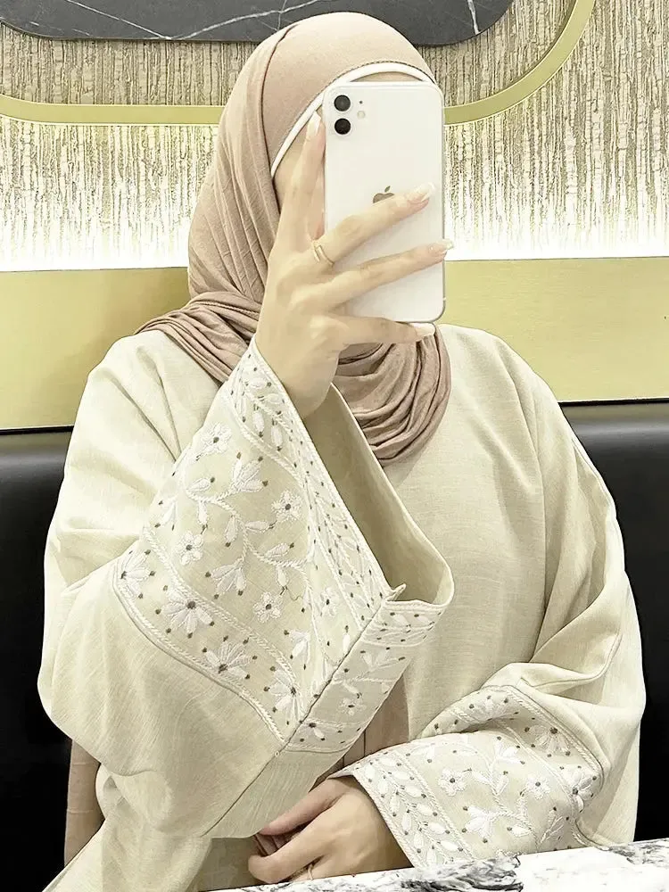 Floral Embroidery Muslim Abaya - Lace-Up Eid Dress