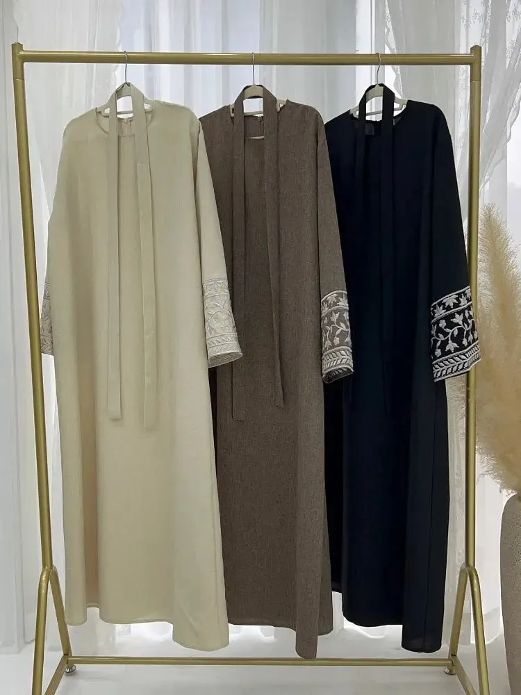 Floral Embroidery Muslim Abaya - Lace-Up Eid Dress