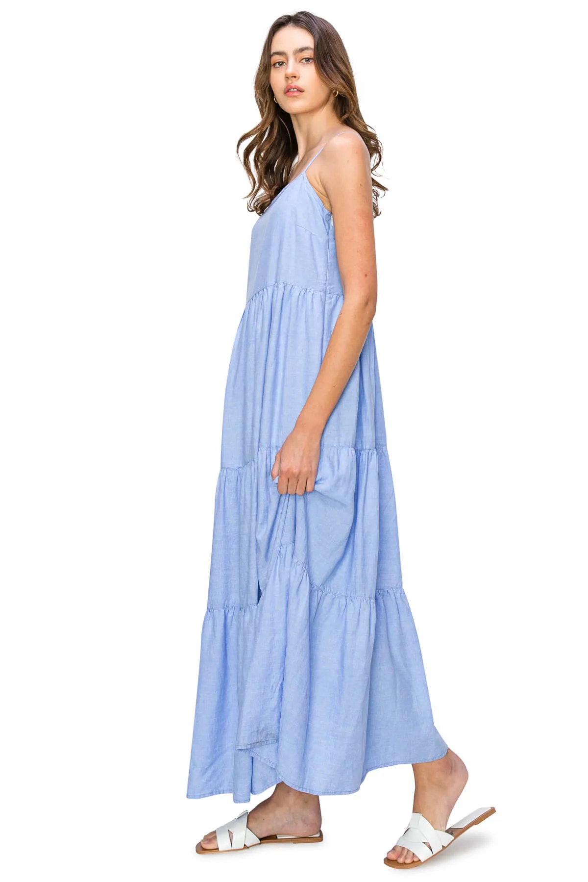 Flowy Tiered Sleeveless Maxi Linen Dress - Classic Blue