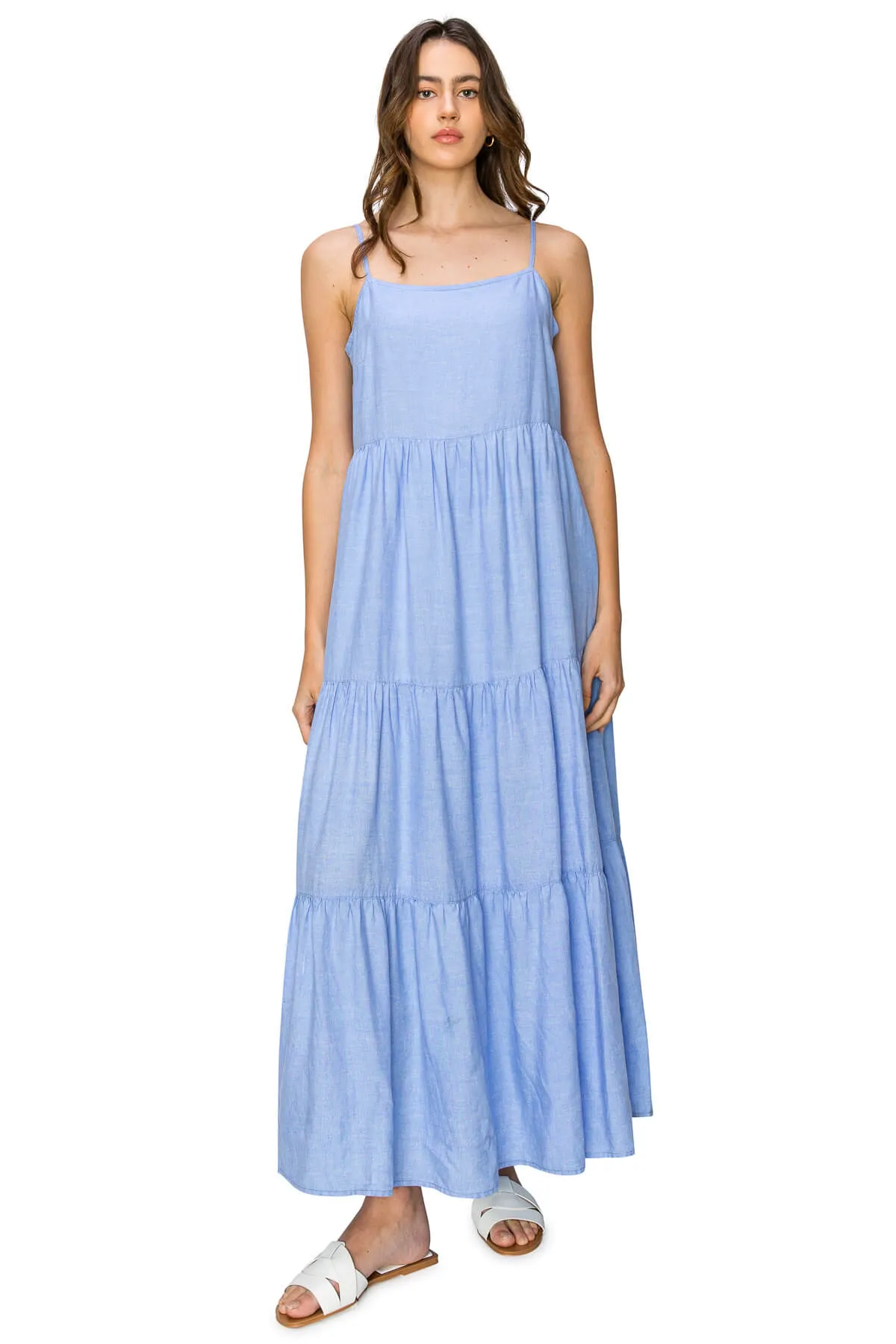 Flowy Tiered Sleeveless Maxi Linen Dress - Classic Blue