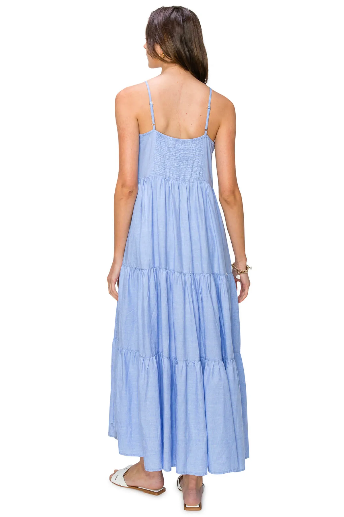 Flowy Tiered Sleeveless Maxi Linen Dress - Classic Blue