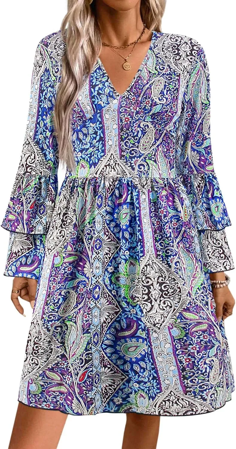 Giovacker Women's African Print Deep V-Neck High Waist Bohemian Maxi Long Dress