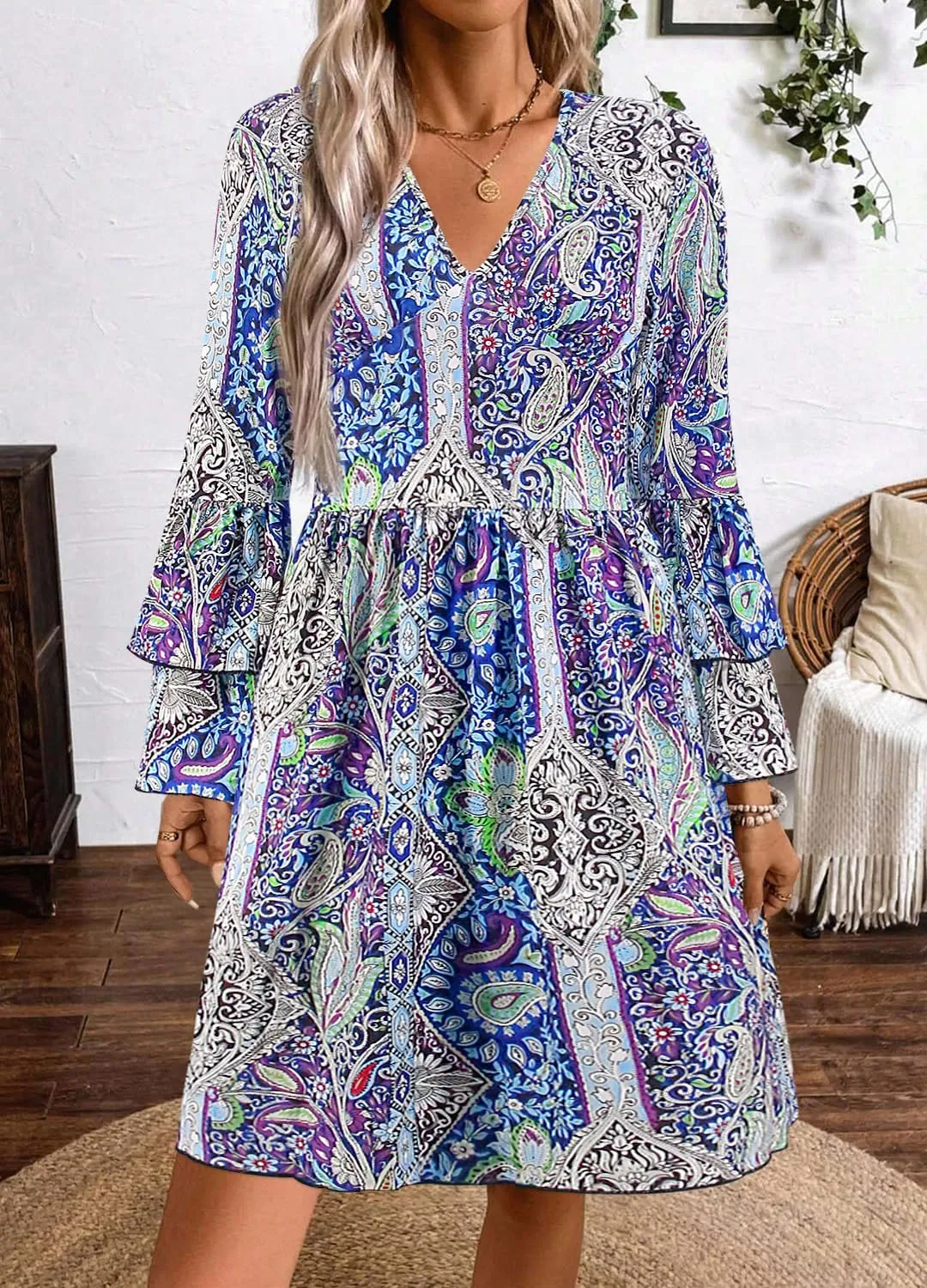 Giovacker Women's African Print Deep V-Neck High Waist Bohemian Maxi Long Dress