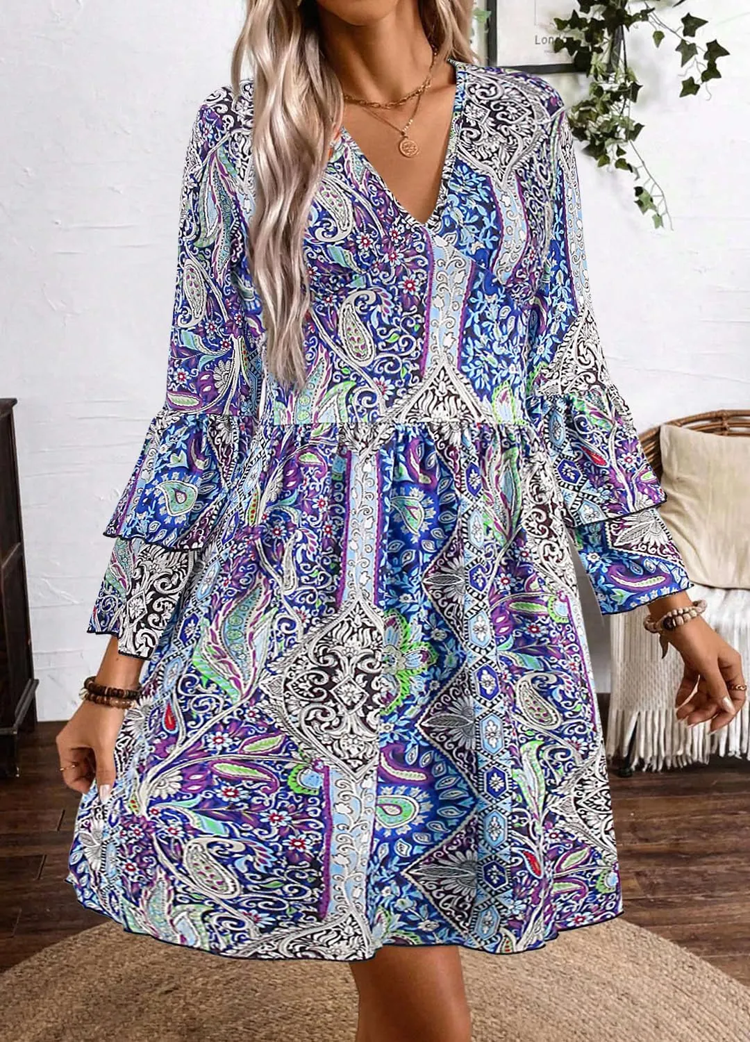 Giovacker Women's African Print Deep V-Neck High Waist Bohemian Maxi Long Dress