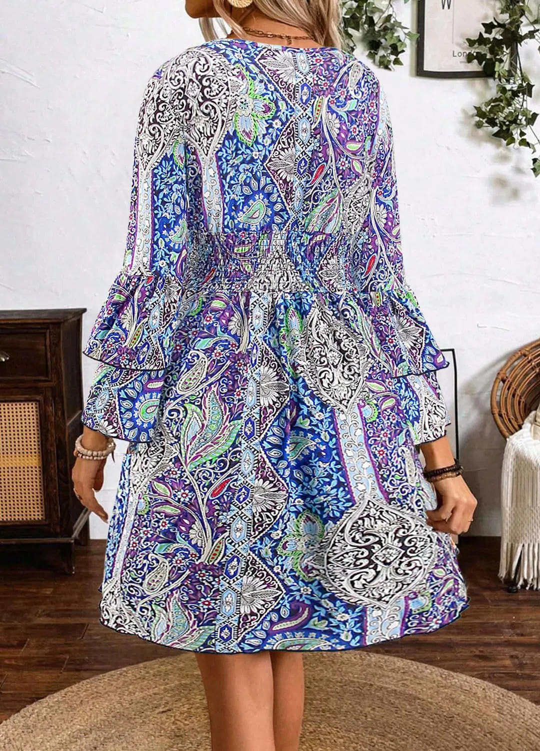 Giovacker Women's African Print Deep V-Neck High Waist Bohemian Maxi Long Dress