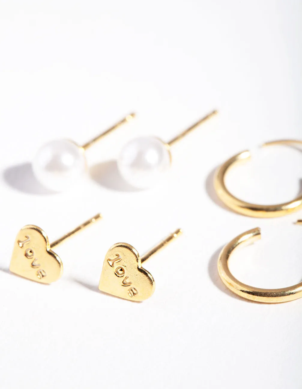 Gold Plated Sterling Silver Love Hoop Stud Earring Pack