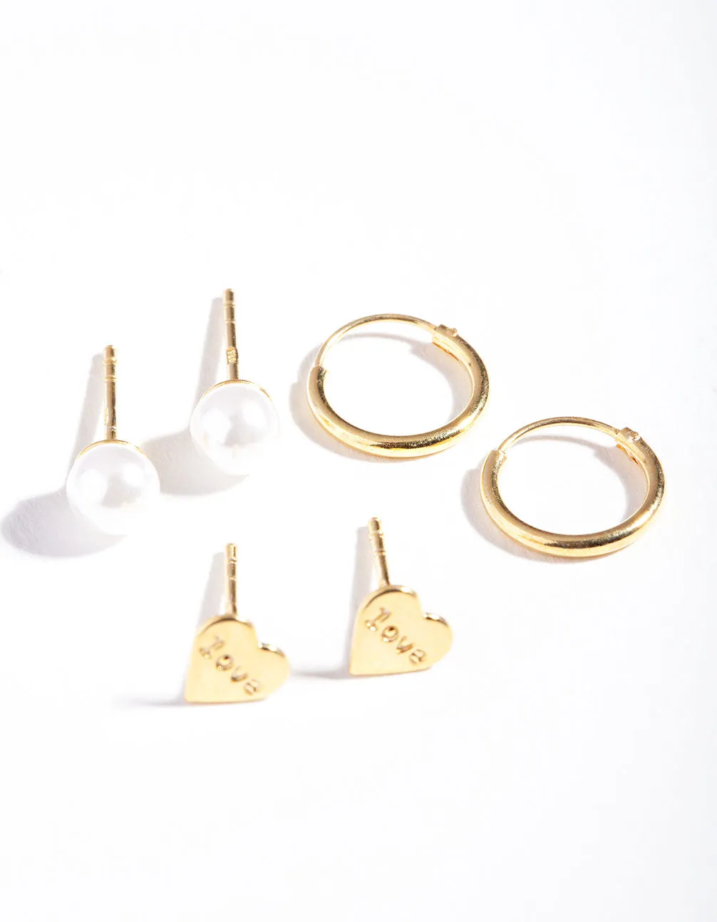 Gold Plated Sterling Silver Love Hoop Stud Earring Pack