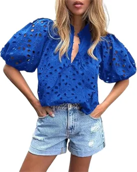 hathne Women's Embroidered Eyelet Blouses Tops Summer V Neck Hollow Out Lantern Short Sleeve Shirts