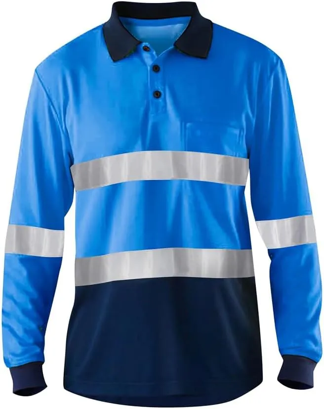 High Visibility Blue Navy Polo Shirts with Reflective Stripes Safety Shirts for Men Long Sleeve hi vis Polo Shirts Workwear