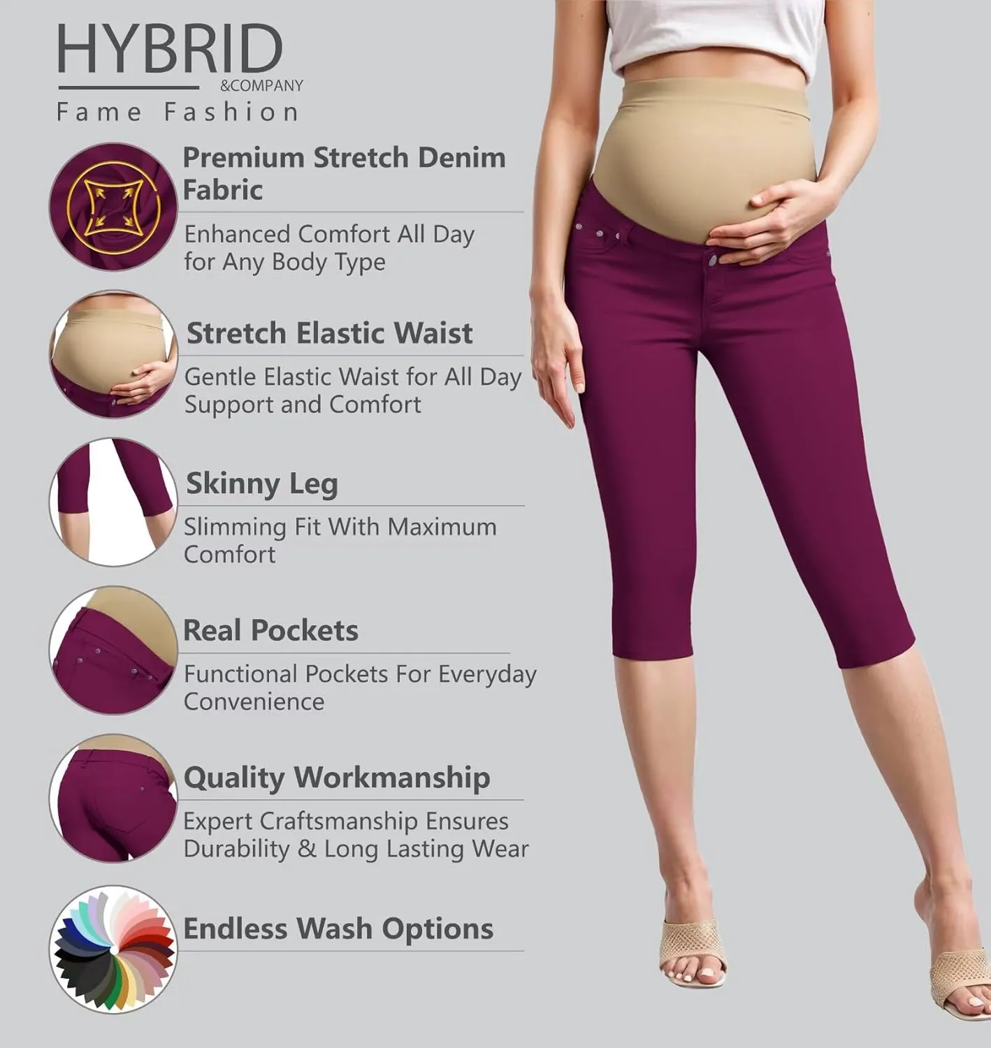 Hybrid & Company Women High Waist Stretch Denim Slim Maternity Skinny Capri Pants