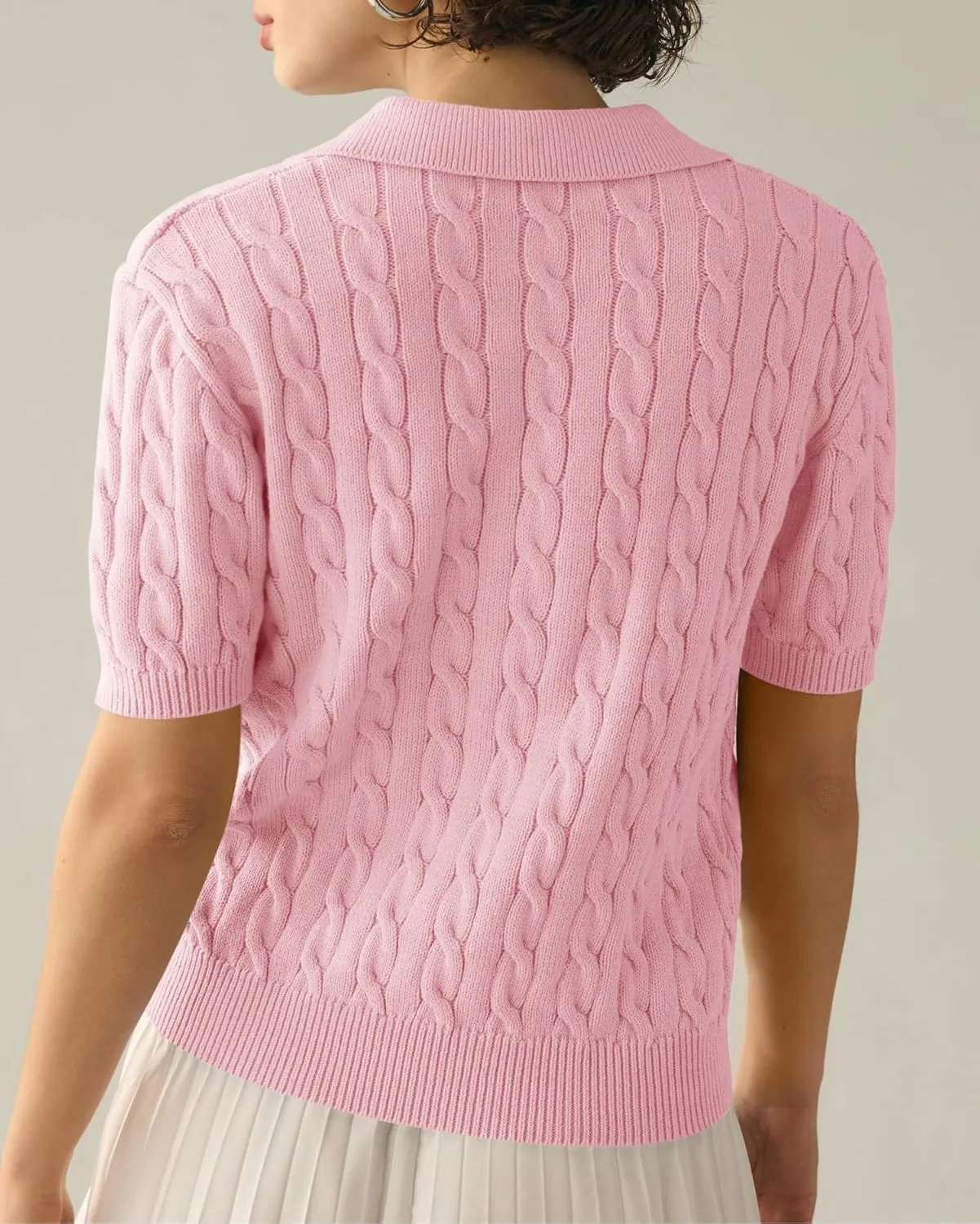 Imily Bela Women's Cable Short Sleeve Sweaters Tops Solid Lapel V Neck Knit Casual Soft Pullover Shirt