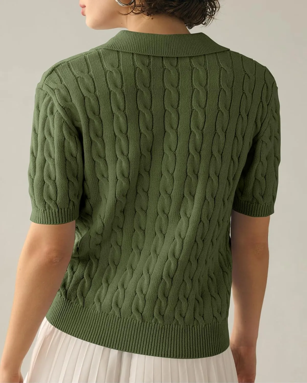 Imily Bela Women's Cable Short Sleeve Sweaters Tops Solid Lapel V Neck Knit Casual Soft Pullover Shirt