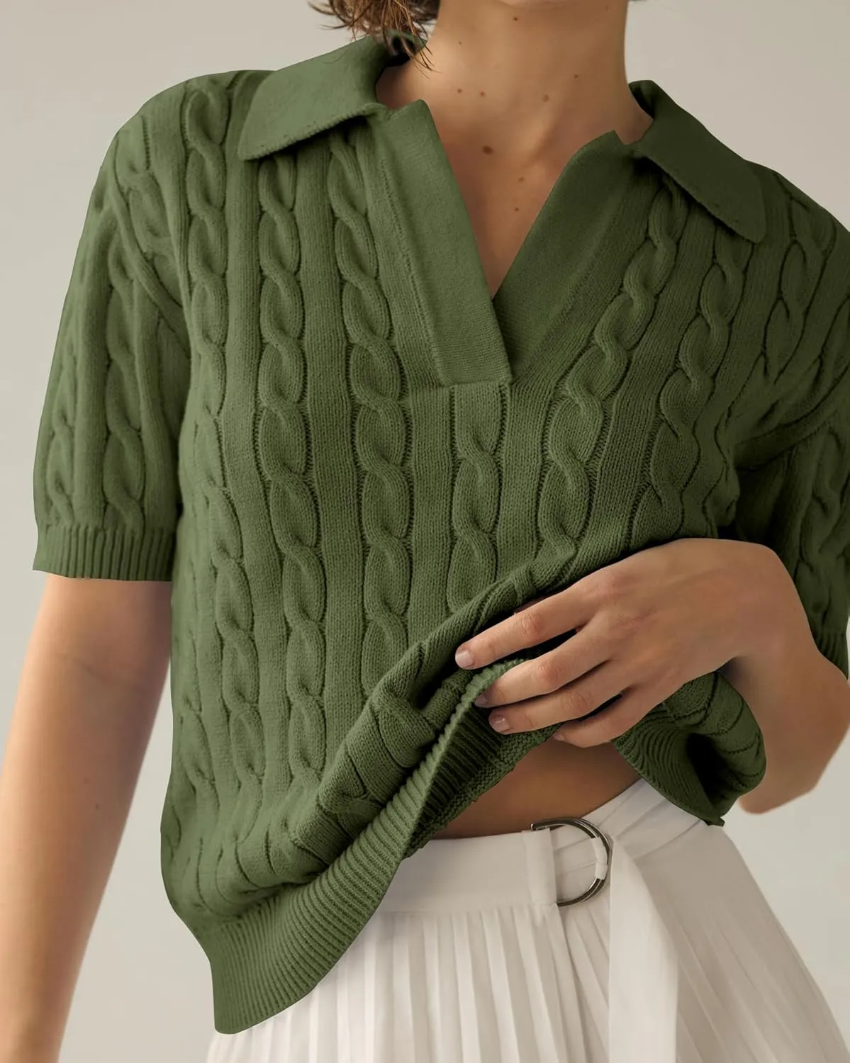 Imily Bela Women's Cable Short Sleeve Sweaters Tops Solid Lapel V Neck Knit Casual Soft Pullover Shirt