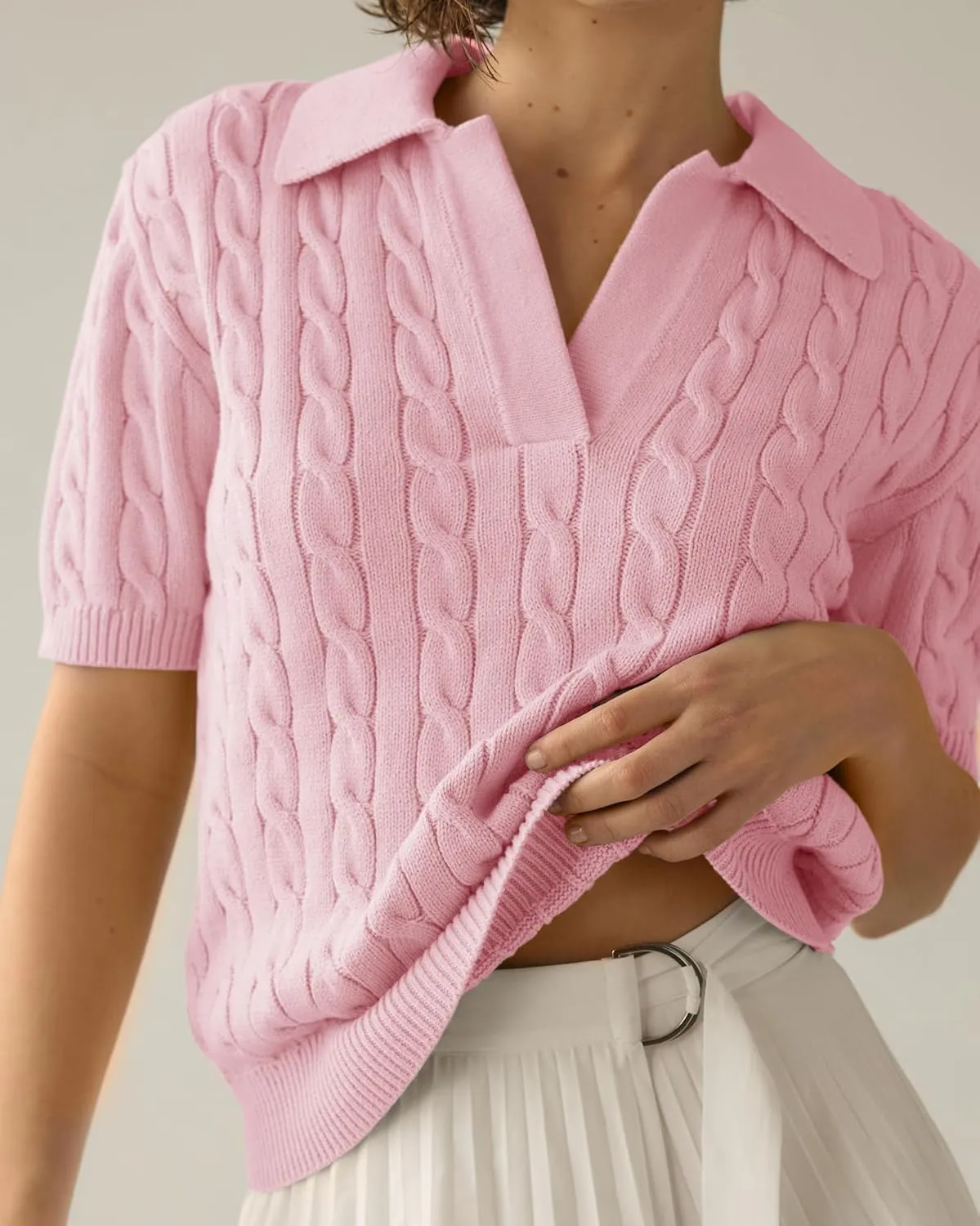 Imily Bela Women's Cable Short Sleeve Sweaters Tops Solid Lapel V Neck Knit Casual Soft Pullover Shirt