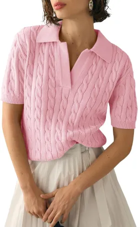 Imily Bela Women's Cable Short Sleeve Sweaters Tops Solid Lapel V Neck Knit Casual Soft Pullover Shirt