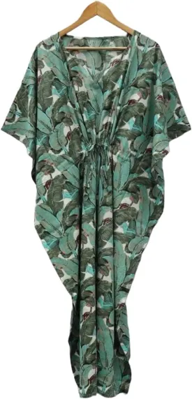 INDACORIFIE Cotton Leaf Print Women Kaftan, 100% Cotton Light Weight Summer Kaftan, Beach wear Dress, Long Maxi Gown Nightwear