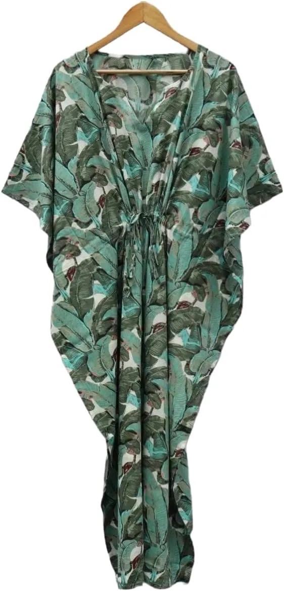 INDACORIFIE Cotton Leaf Print Women Kaftan, 100% Cotton Light Weight Summer Kaftan, Beach wear Dress, Long Maxi Gown Nightwear