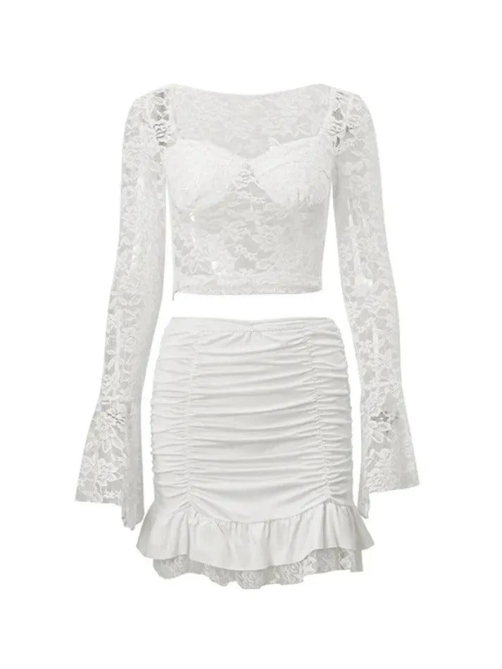 Lace Low Cut Square Neck Tee & Ruched Mini Skirt Set