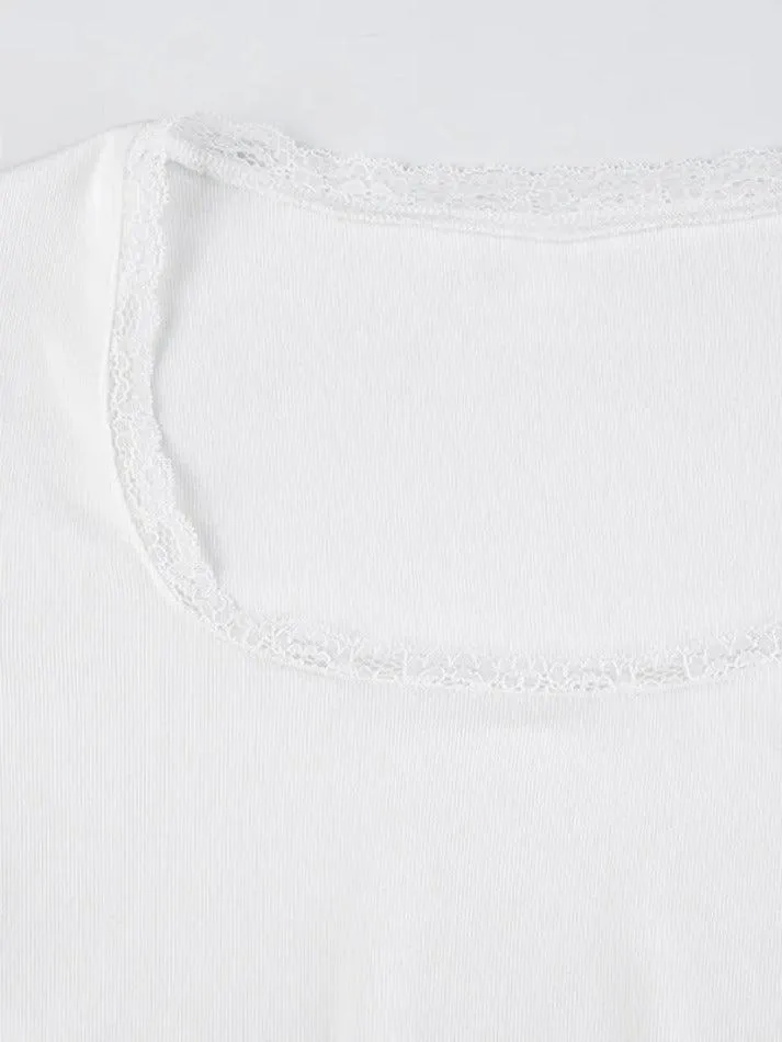 Lace Splice U Neck Cropped Long Sleeve Tee