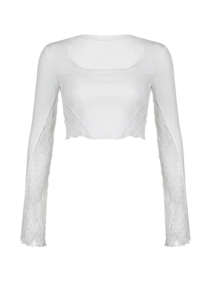 Lace Splice U Neck Cropped Long Sleeve Tee
