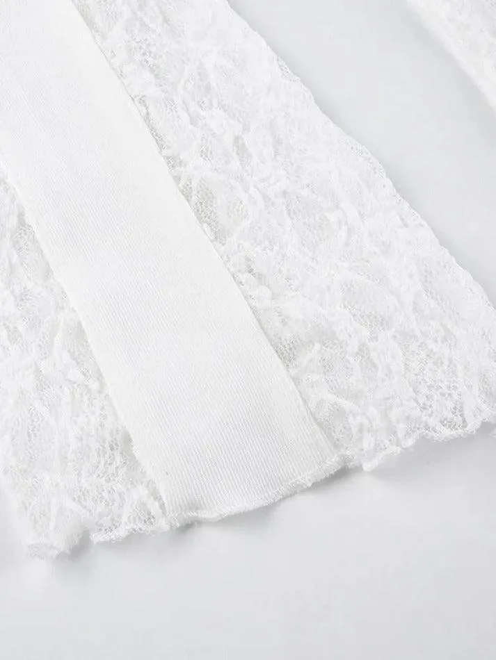 Lace Splice U Neck Cropped Long Sleeve Tee