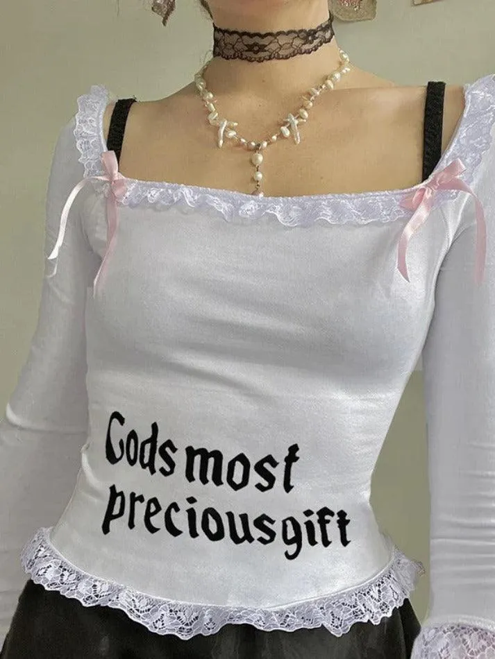 Lace Trim Bow Decor Square Neck Long Sleeve Tee