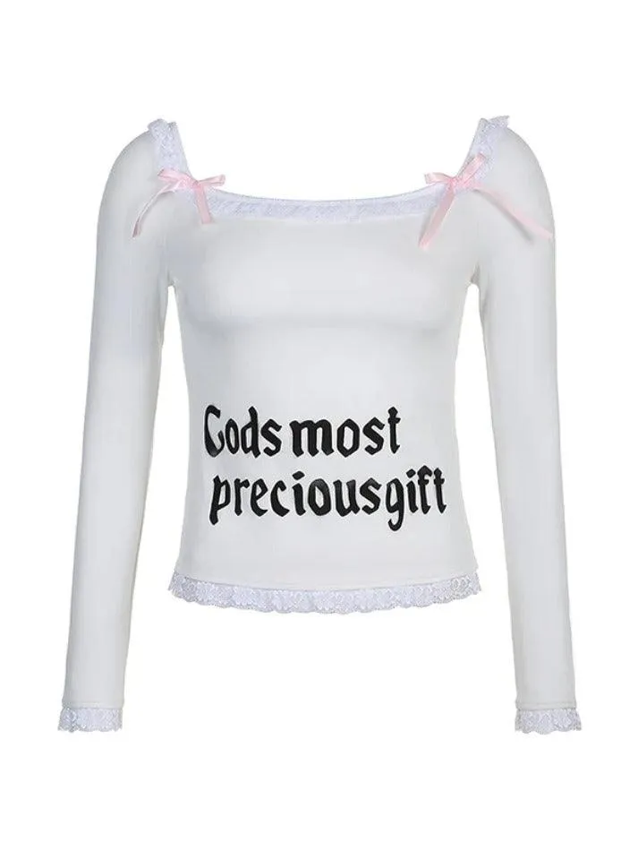 Lace Trim Bow Decor Square Neck Long Sleeve Tee