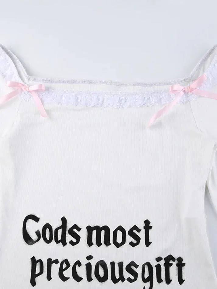 Lace Trim Bow Decor Square Neck Long Sleeve Tee