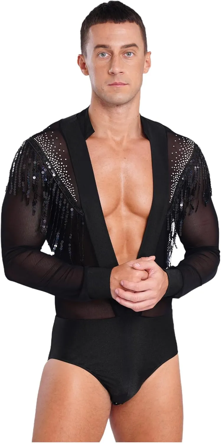 Latin Dance Shirt for Men Sheer Mesh Patchwork Fringe Bodysuit Modern Dance Shirt Clubwear