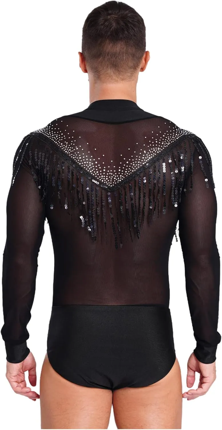 Latin Dance Shirt for Men Sheer Mesh Patchwork Fringe Bodysuit Modern Dance Shirt Clubwear