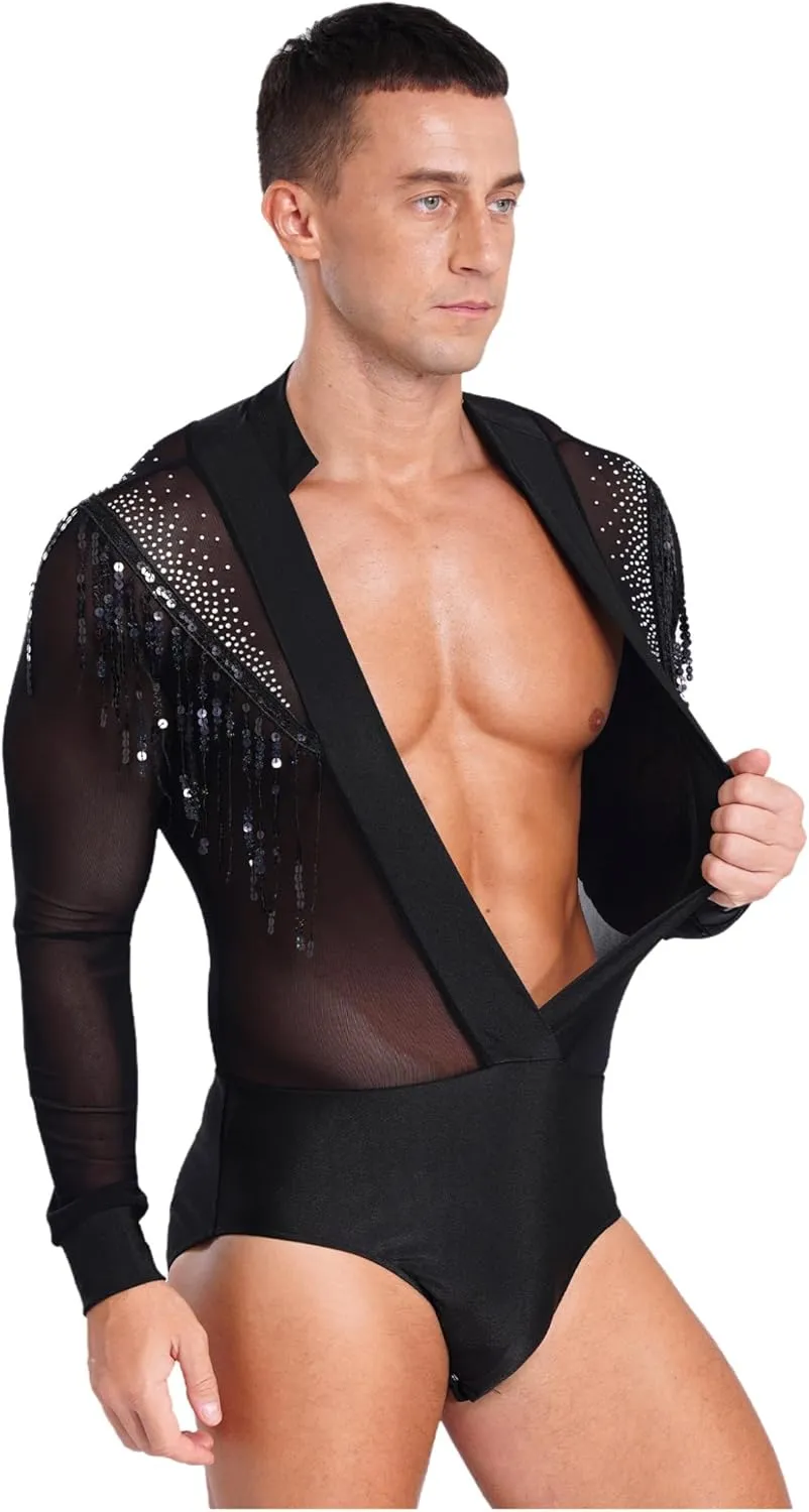 Latin Dance Shirt for Men Sheer Mesh Patchwork Fringe Bodysuit Modern Dance Shirt Clubwear