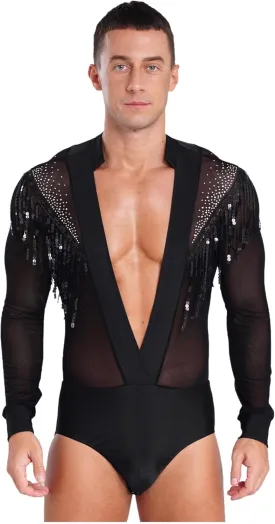 Latin Dance Shirt for Men Sheer Mesh Patchwork Fringe Bodysuit Modern Dance Shirt Clubwear