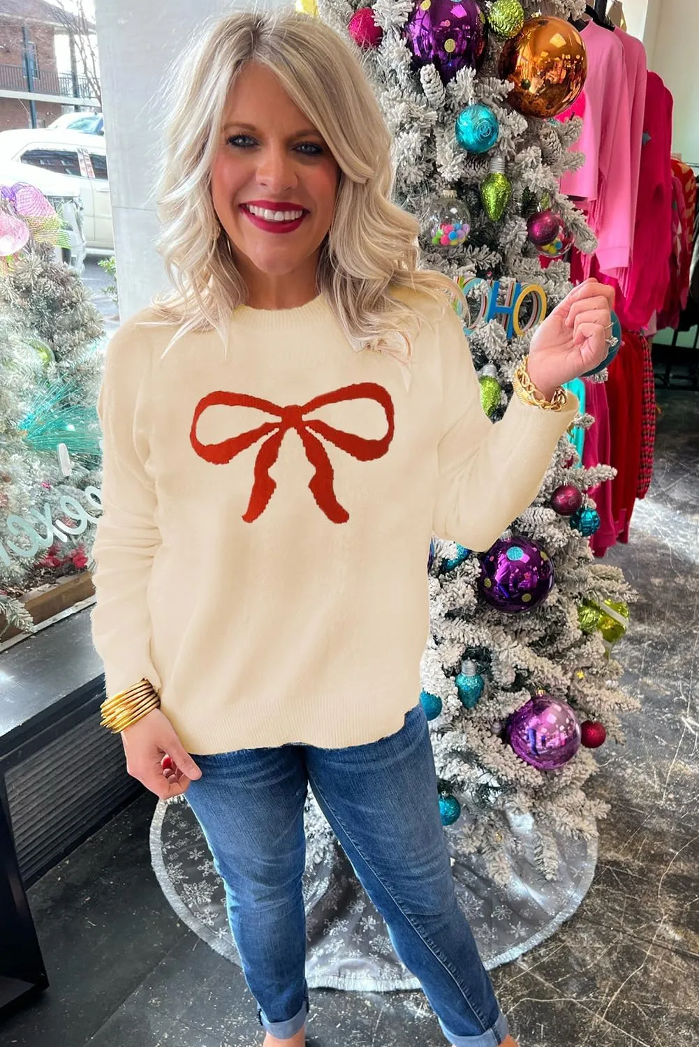 LEMAFER Women 2024 Merry Christmas Round Neck Sequin Letters Sweater Casual Solid Slogan Long Sleeve Pullover Sweatshirt Tops
